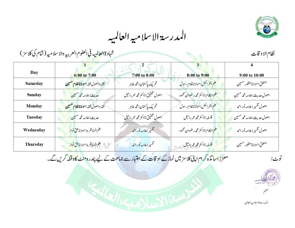 Time Table of Evening Classes